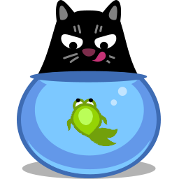 En katt og fisk i bolle.